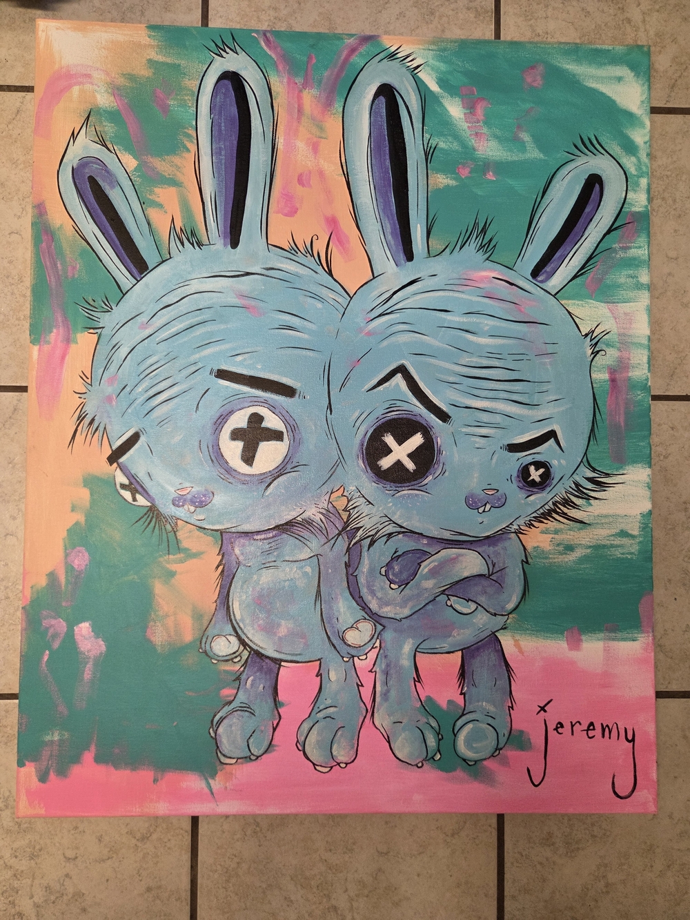 Blue Bunny Duo Canvas Art - Playful Blue Wall Painting